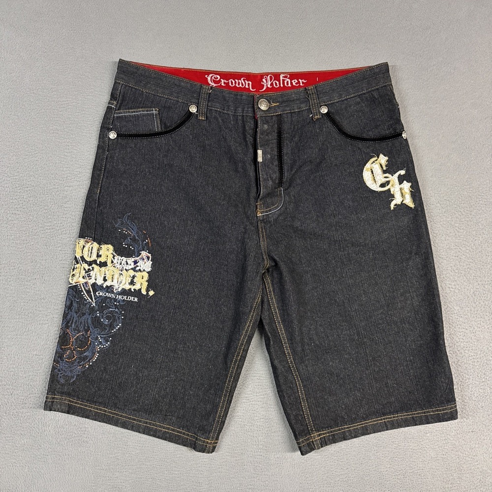 Vintage Crown Holder Shorts Mens 42 Blue Baggy Embroidered Y2K Denim Button Fly